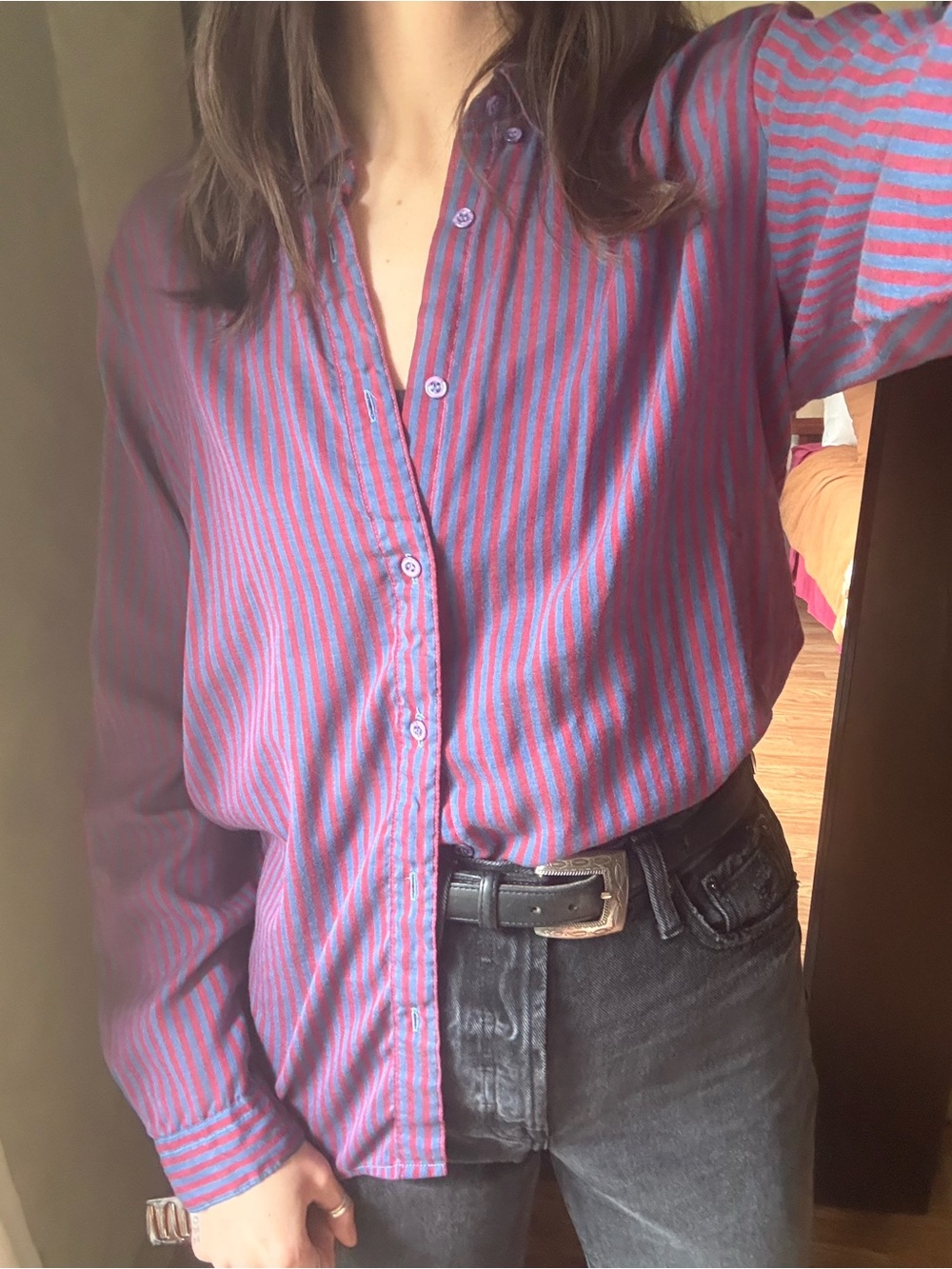 Red/Purple and Blue Vertical Stripe Casual Button-Down Shirt
